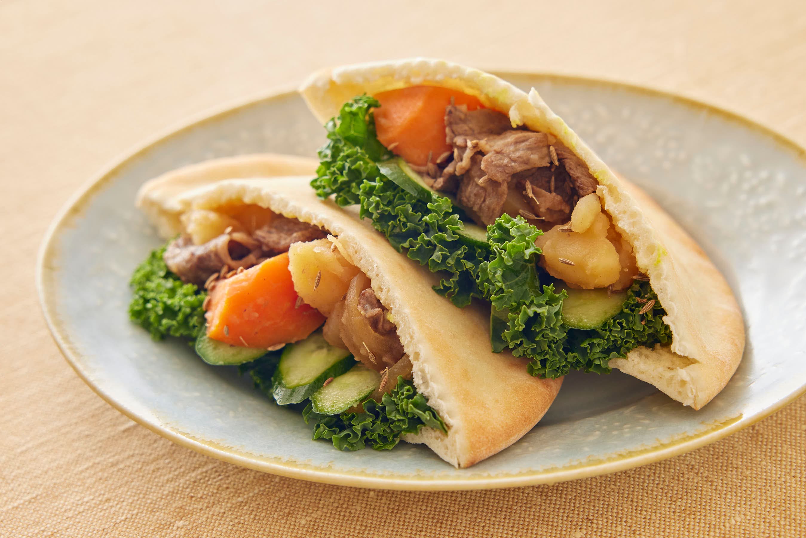 Nikujaga Pita Sandwich on a plate